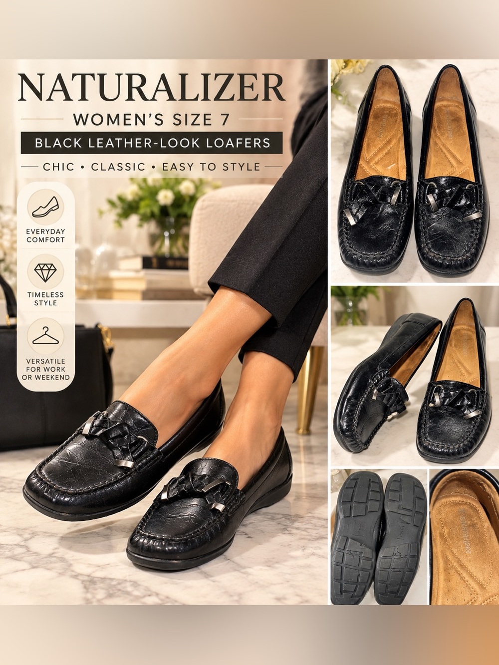 Naturalizer Black Leather-Look Women's Slip-On Loafers size 7